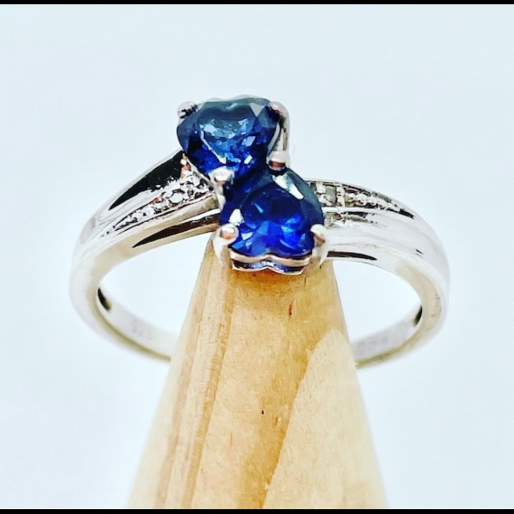 Blue Sapphire Double Heart & Diamond Sterling Silver Sz 7. September birthstone
